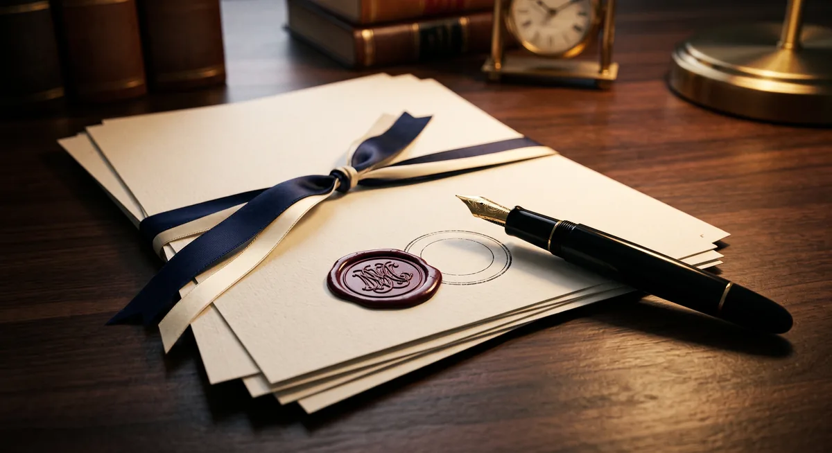 Documentos legales, sello notarial y pluma estilográfica sobre una mesa de despacho