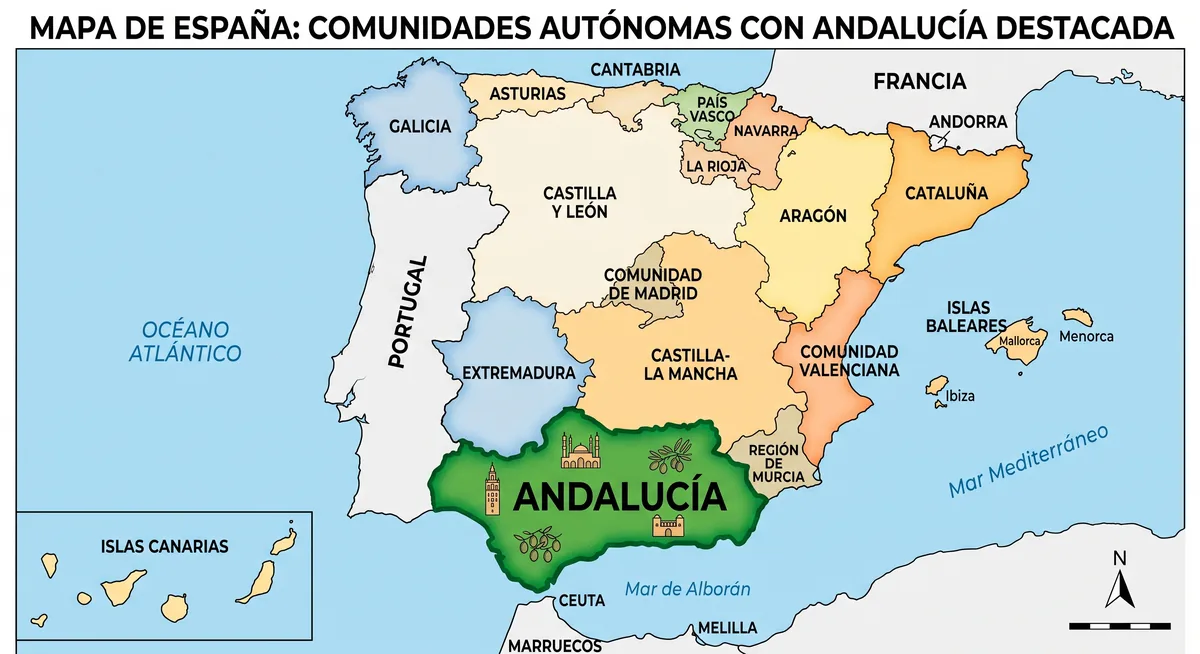 Mapa de las comunidades autónomas de España con Andalucía destacada, relevante para las bonificaciones del impuesto de sucesiones