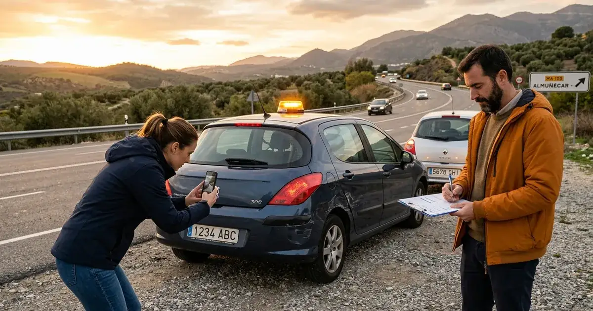 Accidente de tráfico en España — dos conductores extranjeros de pie junto a sus coches en el arcén, intercambiando el seguro y fotografiando los daños con el móvil