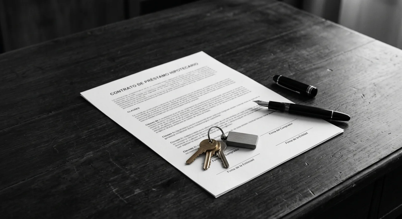 Llaves de una casa sobre un contrato de hipoteca firmado junto a una pluma estilográfica