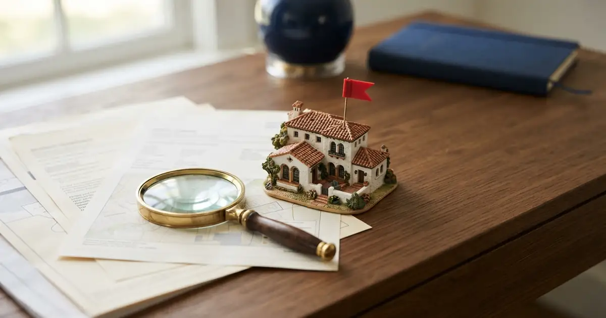 Señales de alerta al comprar una casa en España — una lupa sobre documentos de propiedad junto a una pequeña maqueta de villa española con una bandera roja